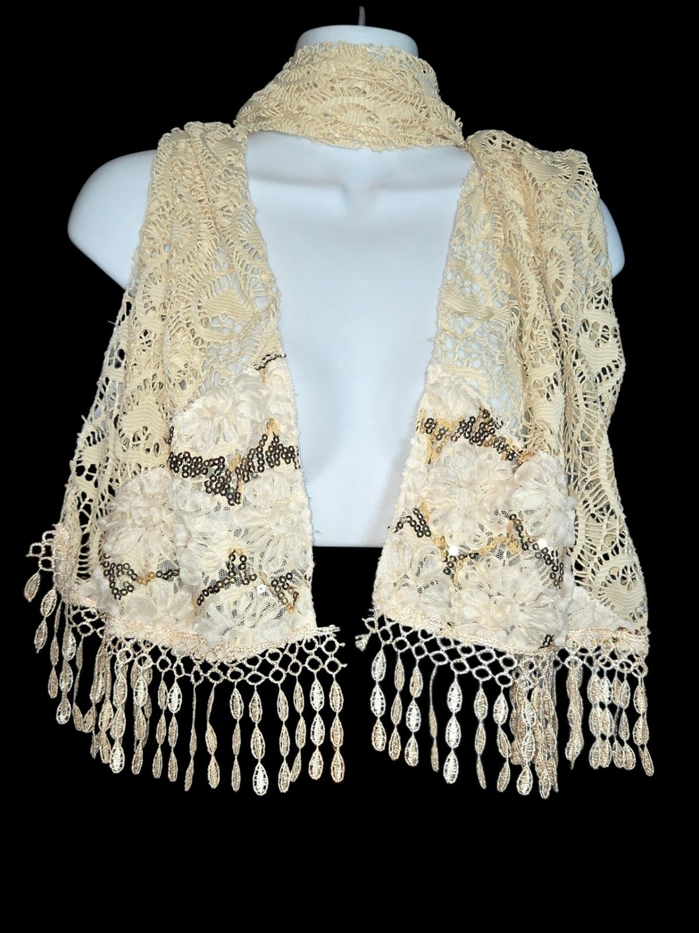 Pur By Pur Cashmere Cream Crochet Lace Fringe Scarf